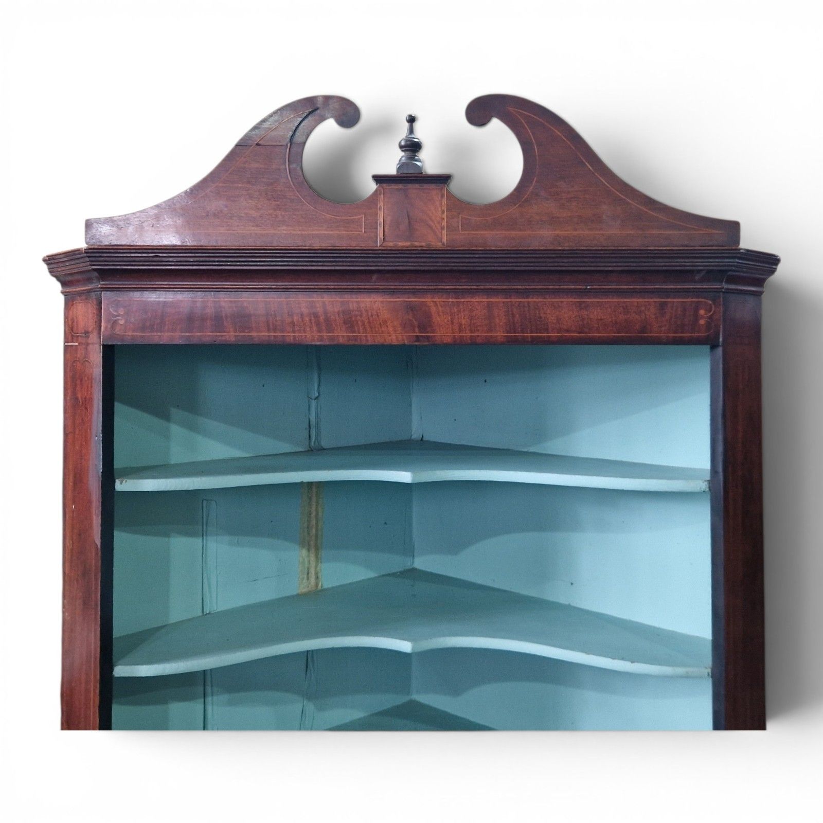 photo vintage Antique Inlaid Mahogany Corner Cabinet Display Shelves Double Cupboard Bookcase