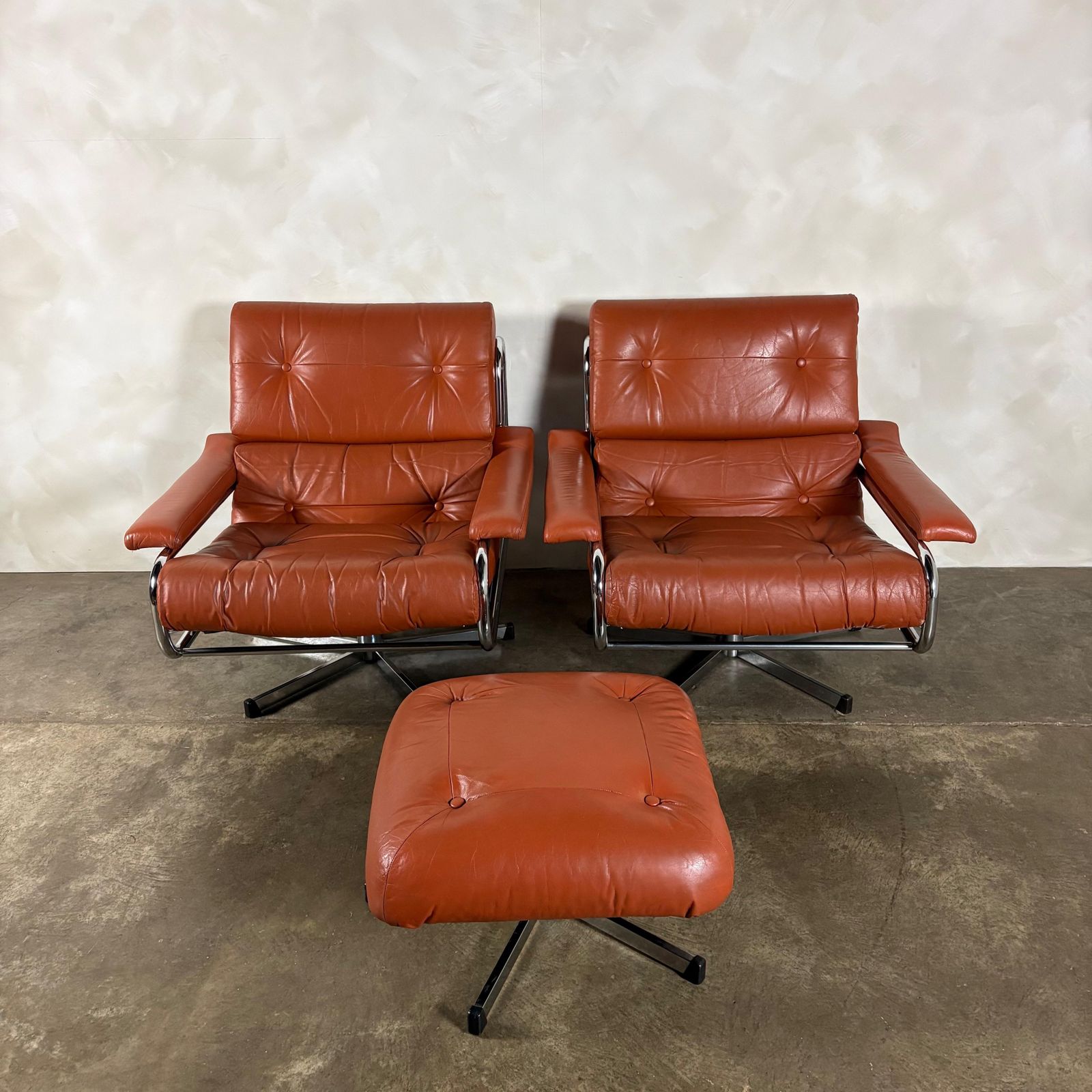 Mid Century Pieff Alpha Tan Brown Leather Three Seater Sofa & Two Swivel Lounge Chairs With Footstool Retro Mcm photo Furniture