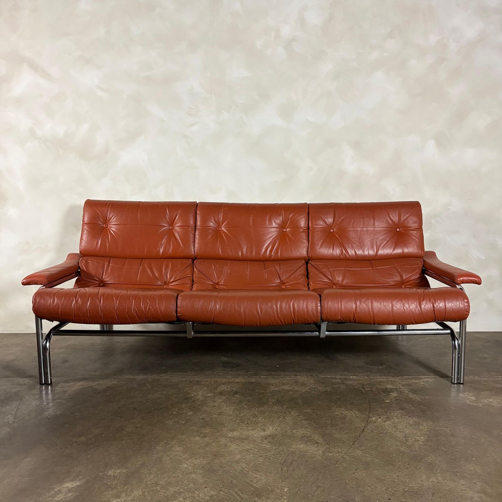 4995.0 Mid Century Pieff Alpha Tan Brown Leather Three Seater Sofa & Two Swivel Lounge Chairs With Footstool Retro Mcm photo