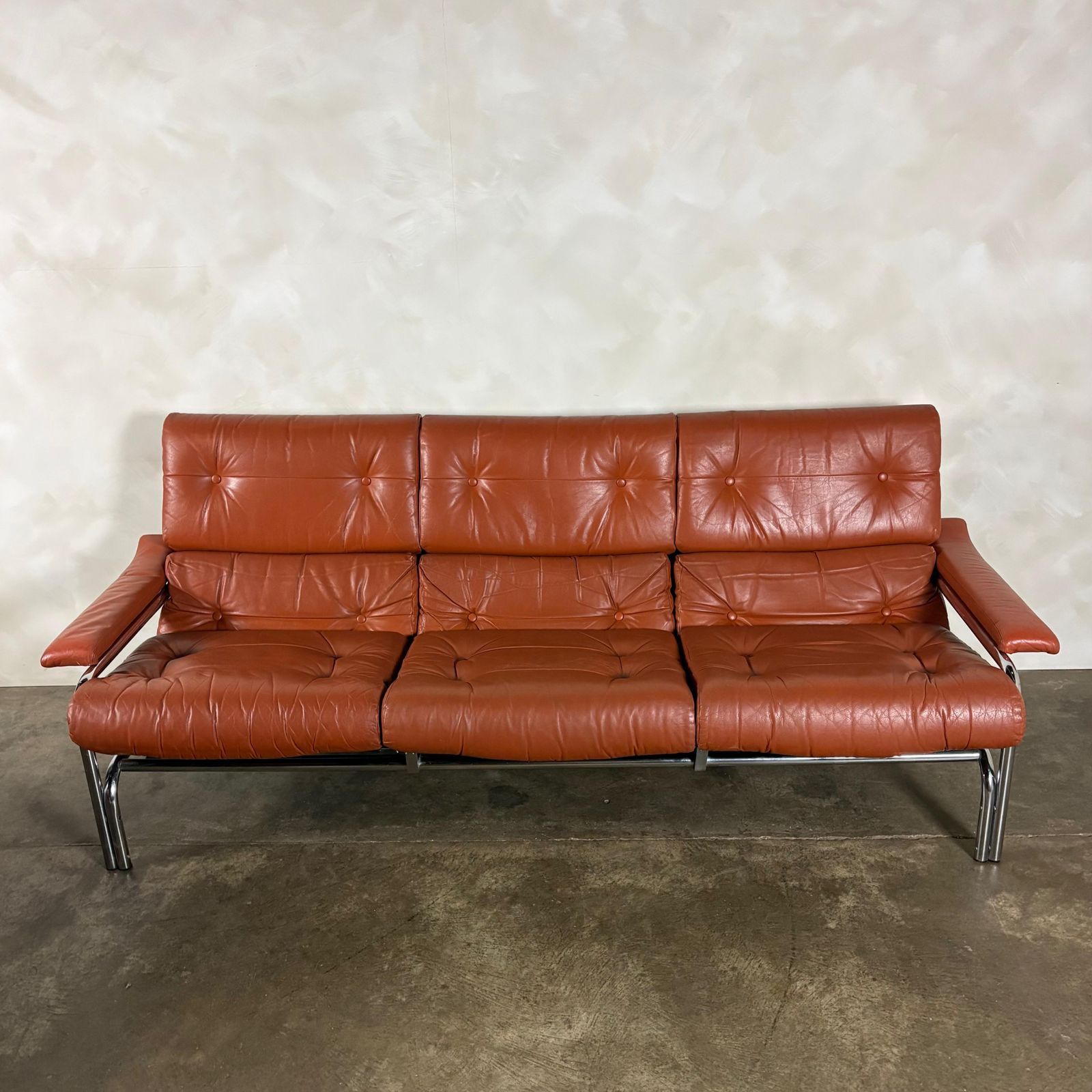 photo vinterior Mid Century Pieff Alpha Tan Brown Leather Three Seater Sofa & Two Swivel Lounge Chairs With Footstool Retro Mcm