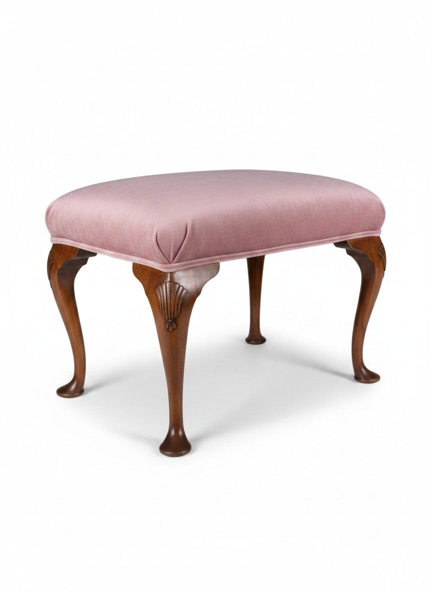 Queen Anne Style Carved Dressing Table Stool In Pink Velvet