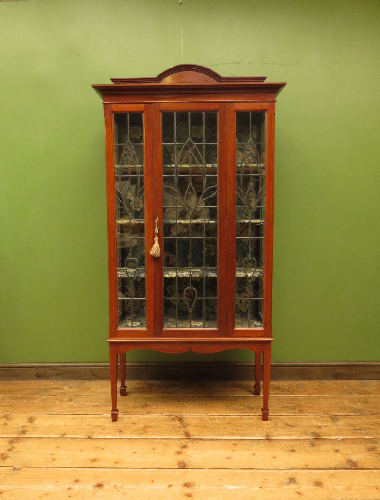 Furniture Art Nouveau Glazed Cabinet With Peacock Fabric Interior photo
