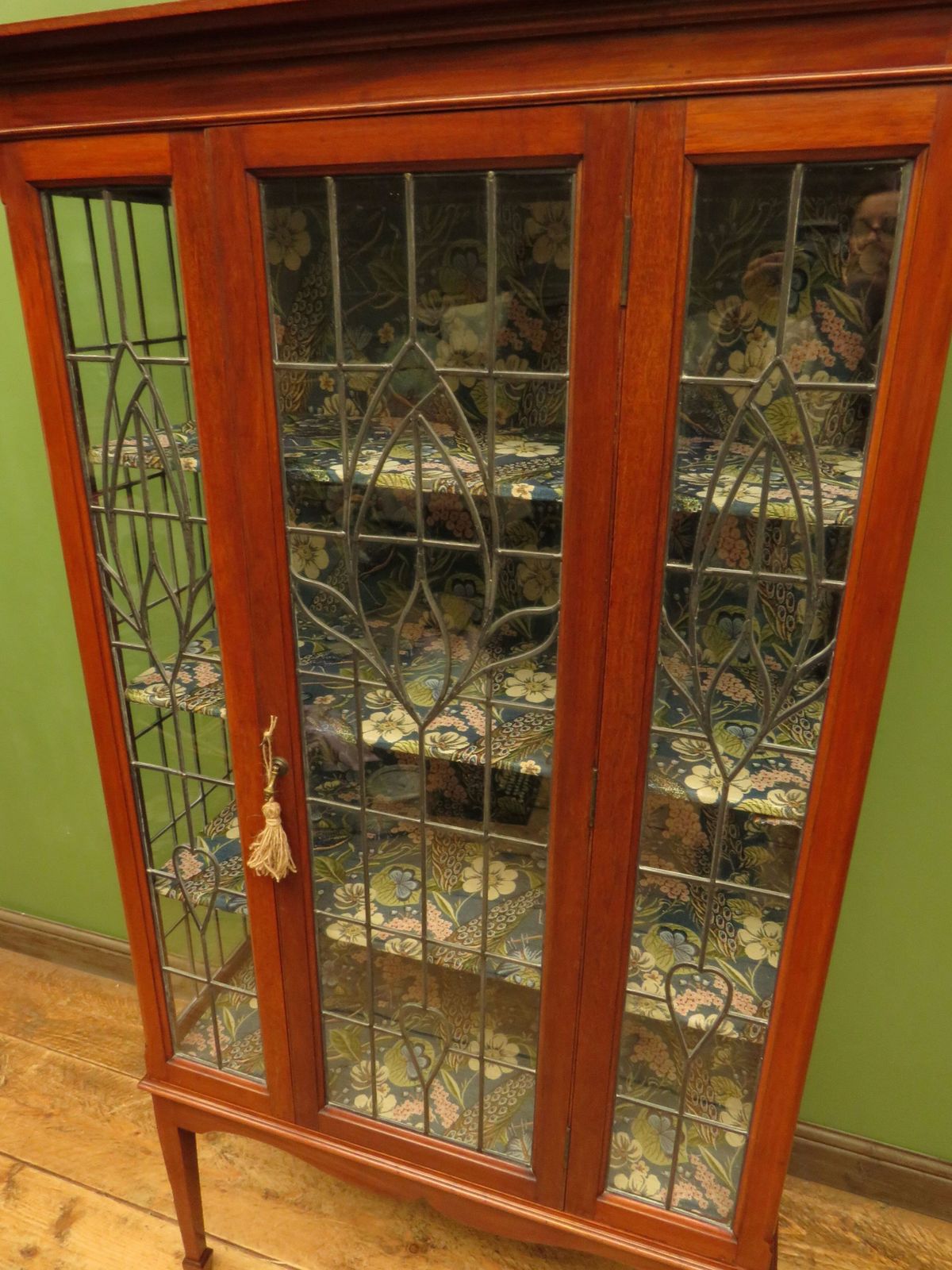595.0 Art Nouveau Glazed Cabinet With Peacock Fabric Interior photo