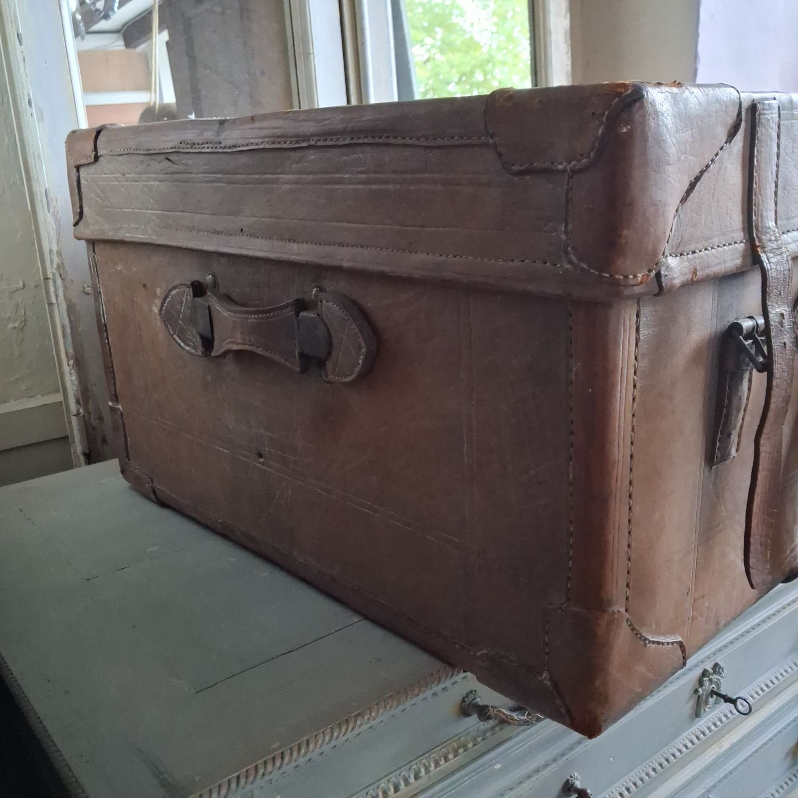 photo buy Huge Vintage Brown Leather Trunk Suitcase