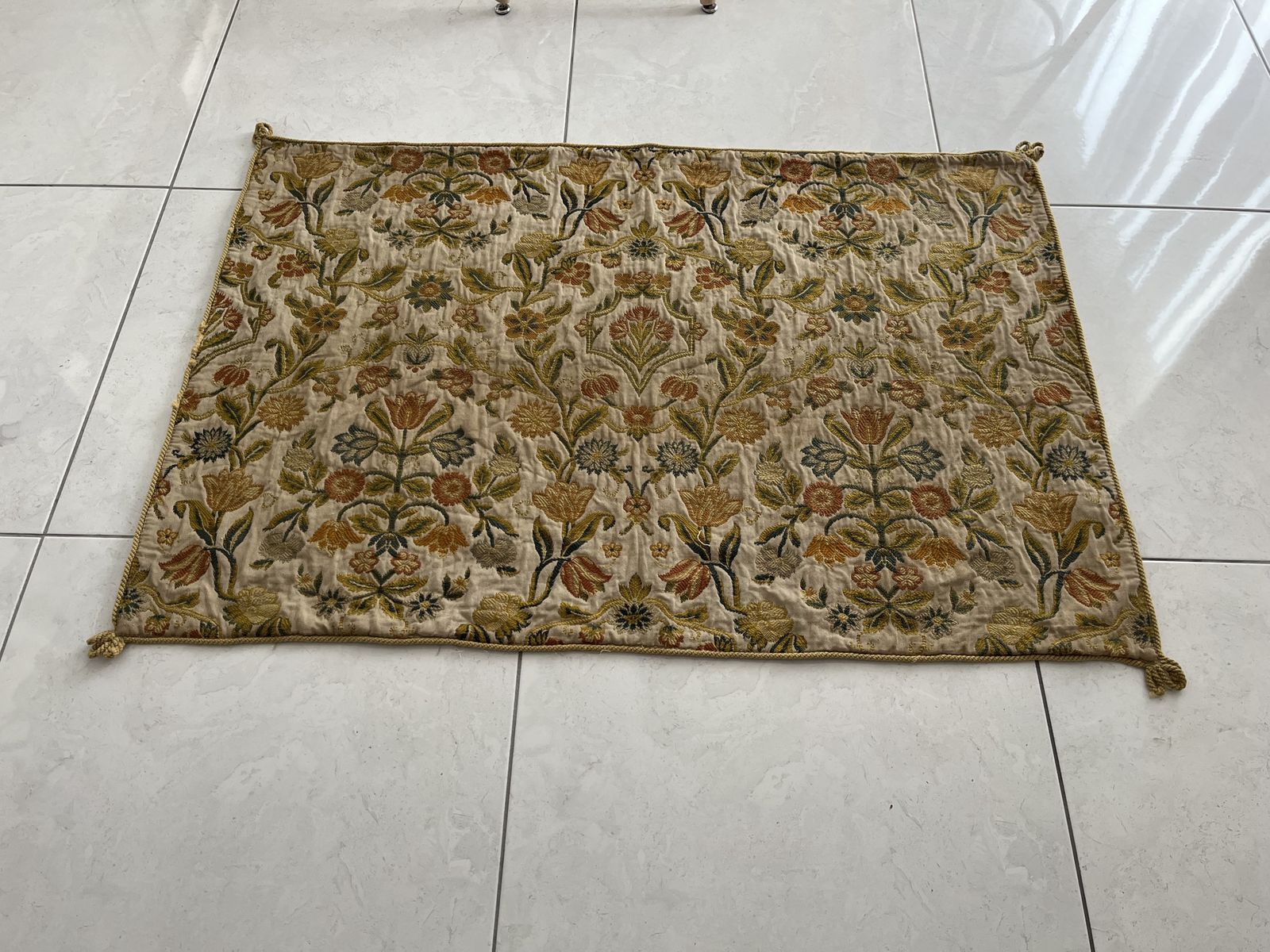 Hand Embroidered Floral Throw, Wool On Cotton, Early 20th Century, 50x35.5" photo furniture