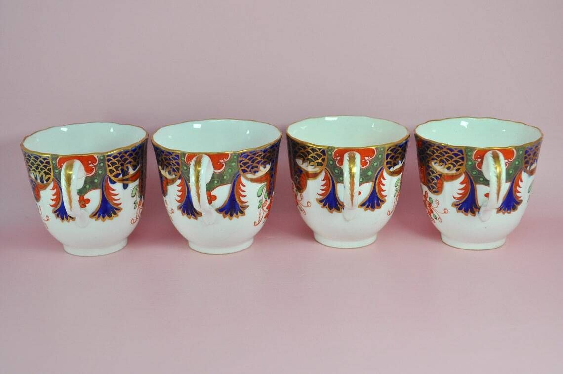 Antiek Spode Imari theekopjesset van 4, 19e eeuw, Copeland Spode Japans Imari patroon 967, zeldzaam Engels porselein, verzamelobject photo 50.0