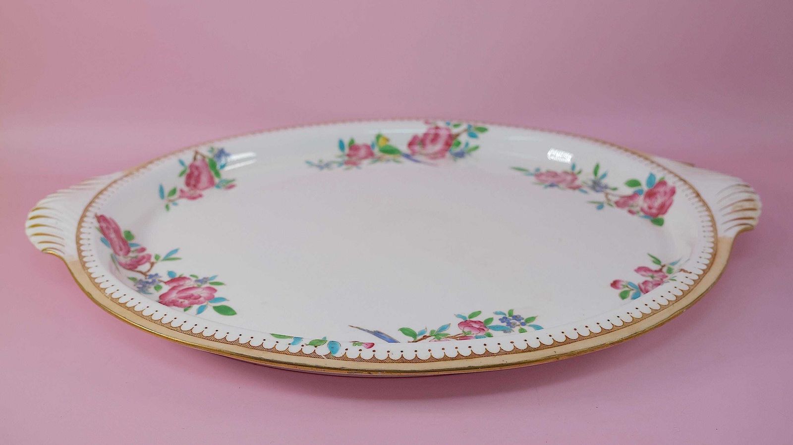 Antiek Foley Shelley Ovale Serveerschaal Ca.1910 | Exotisch Vogel Rozenpatroon | Late Foley England | Edwardiaans Engels Porselein Cadeau photo furniture