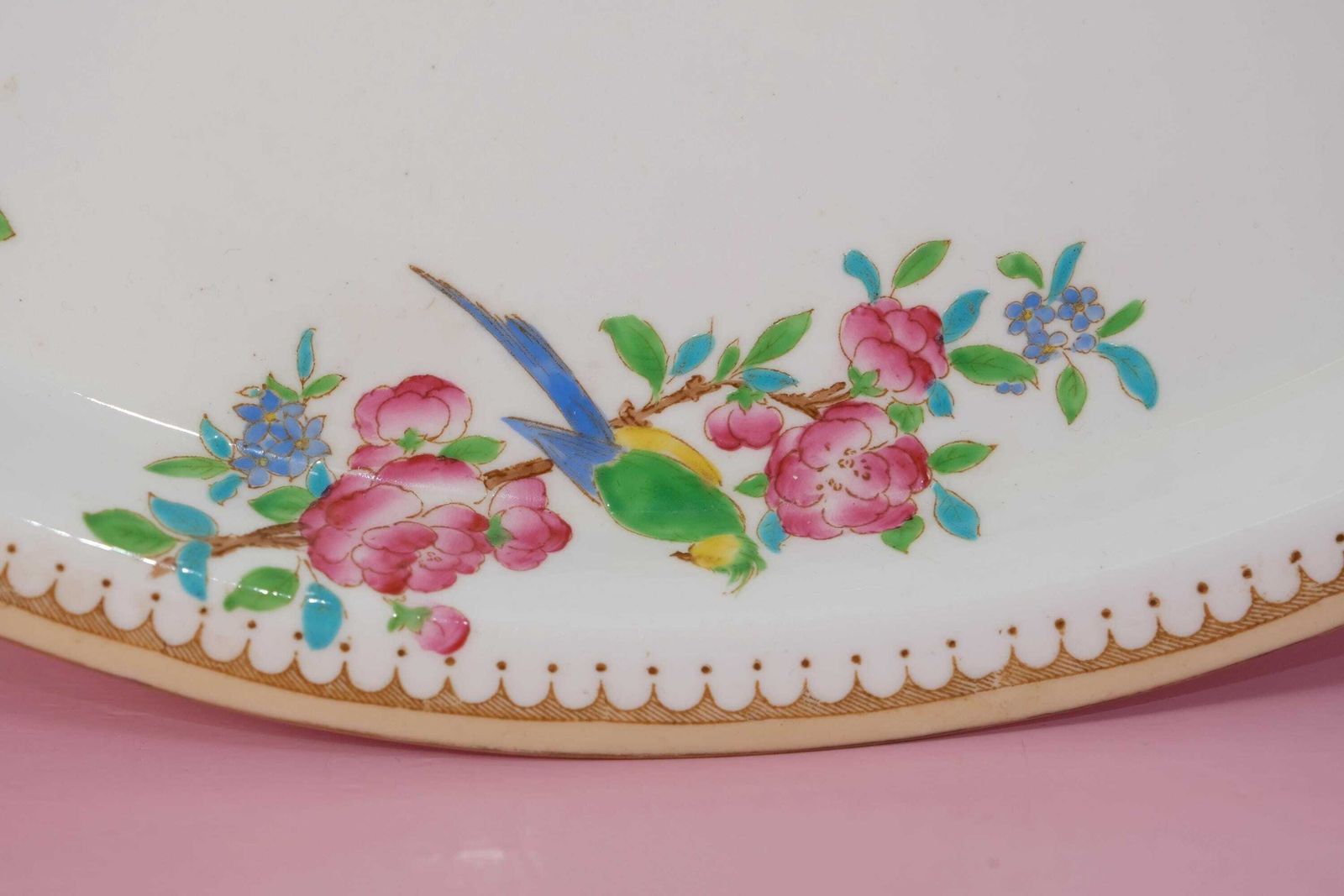 Antiek Foley Shelley Ovale Serveerschaal Ca.1910 | Exotisch Vogel Rozenpatroon | Late Foley England | Edwardiaans Engels Porselein Cadeau photo 65.0