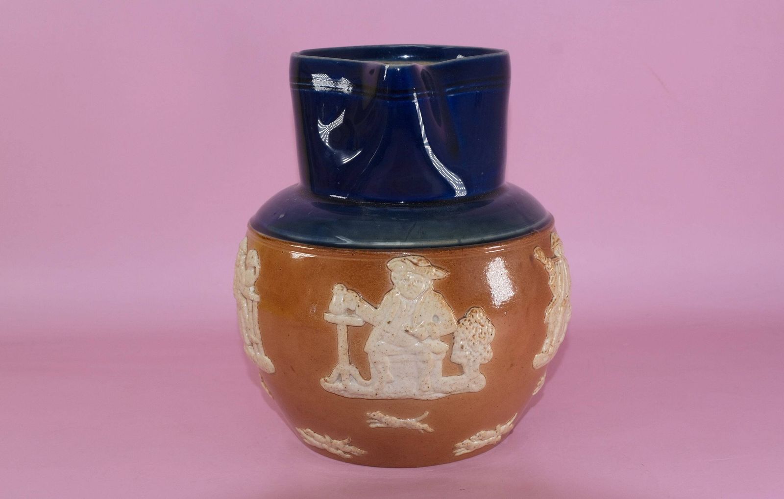 Royal Doulton Harvest Jug | Antique Stoneware Pinch Jug | Cobalt Blue Salt Glaze Pitcher | Sprigged Hunt Scene | 1902–1930 photo for sale