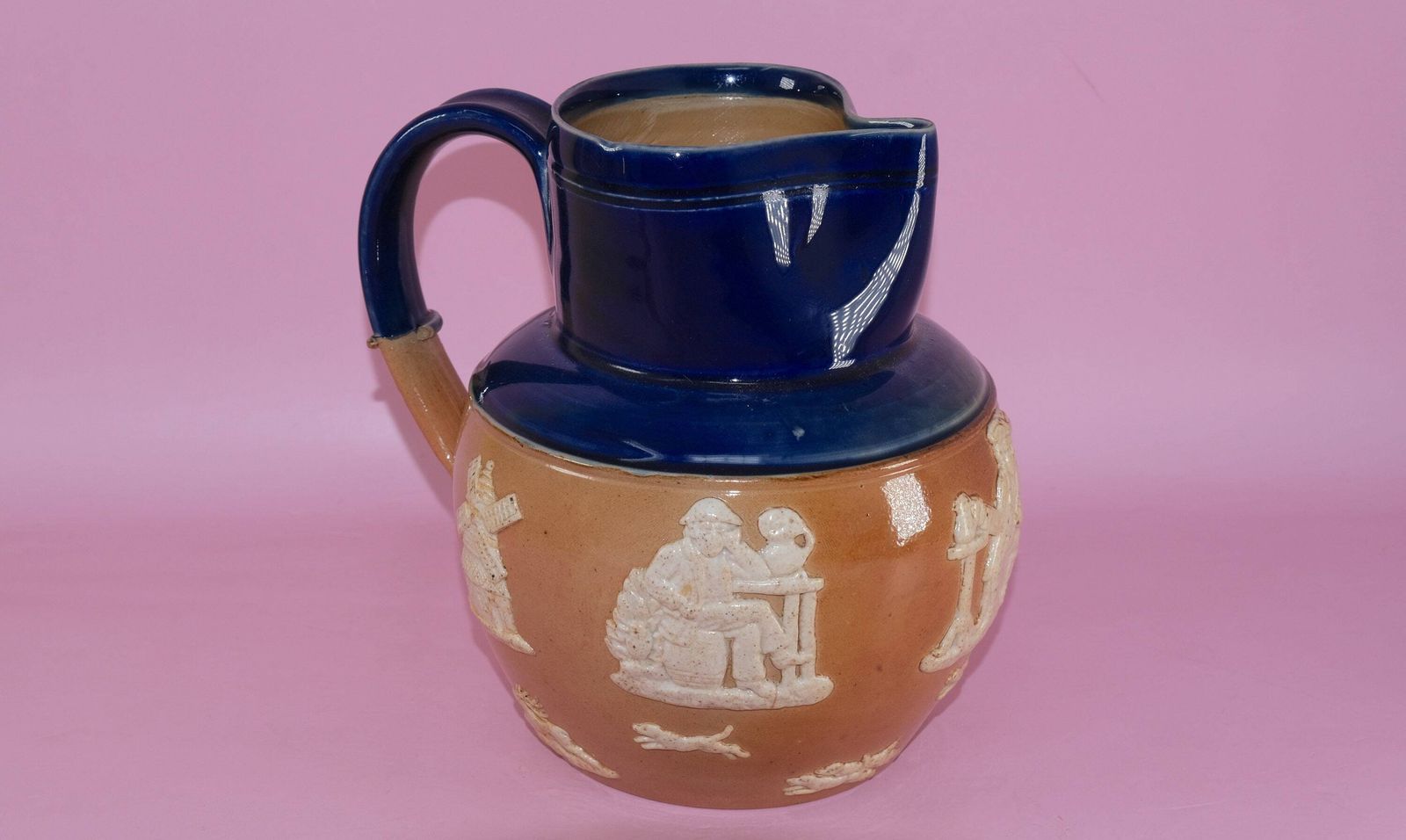 Royal Doulton Harvest Jug | Antique Stoneware Pinch Jug | Cobalt Blue Salt Glaze Pitcher | Sprigged Hunt Scene | 1902–1930 photo 90.0