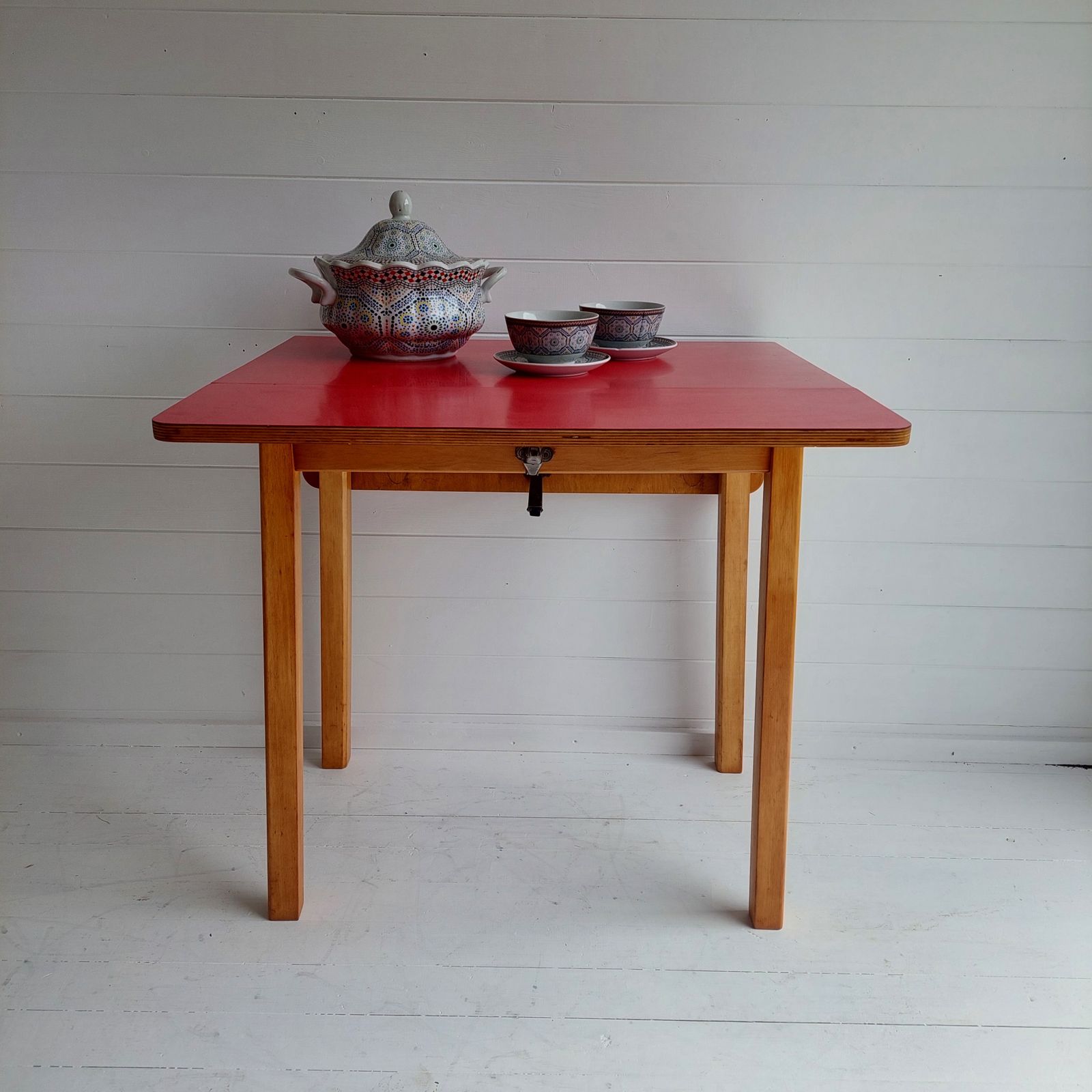 Mid Century Vintage Red Drop Leaf Formica Kitchen Dining Table 1960s photo buy