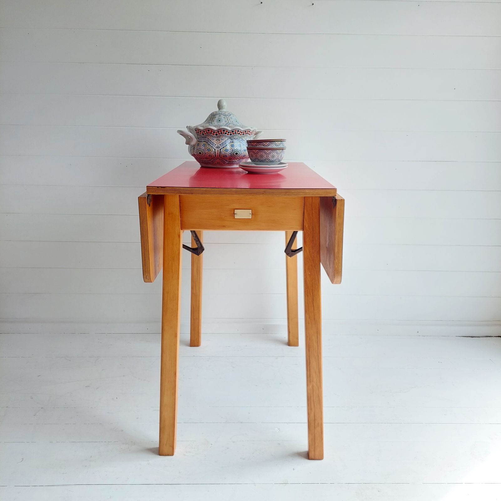 Mid Century Vintage Red Drop Leaf Formica Kitchen Dining Table 1960s photo 230.0