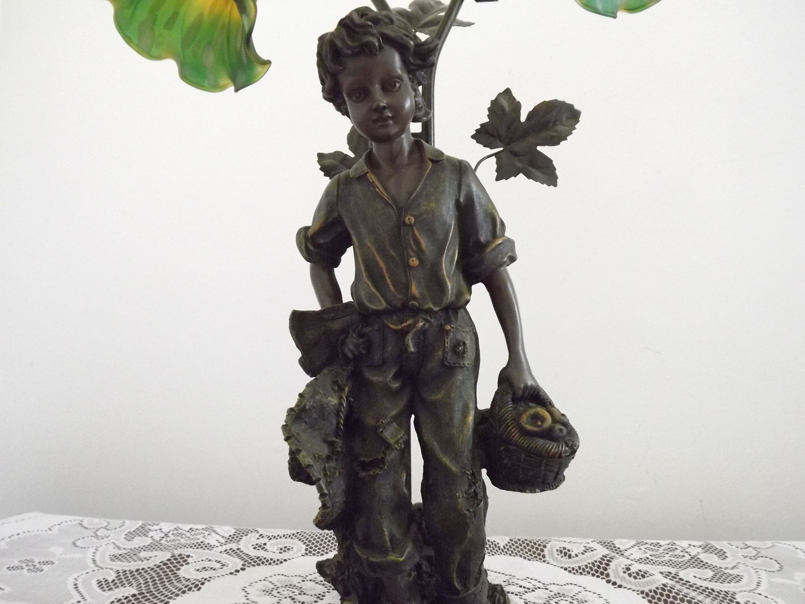 photo vinterior Art Nouveau Table Lamp With Boy Figurine Amber & Green Glass Tulip Shades