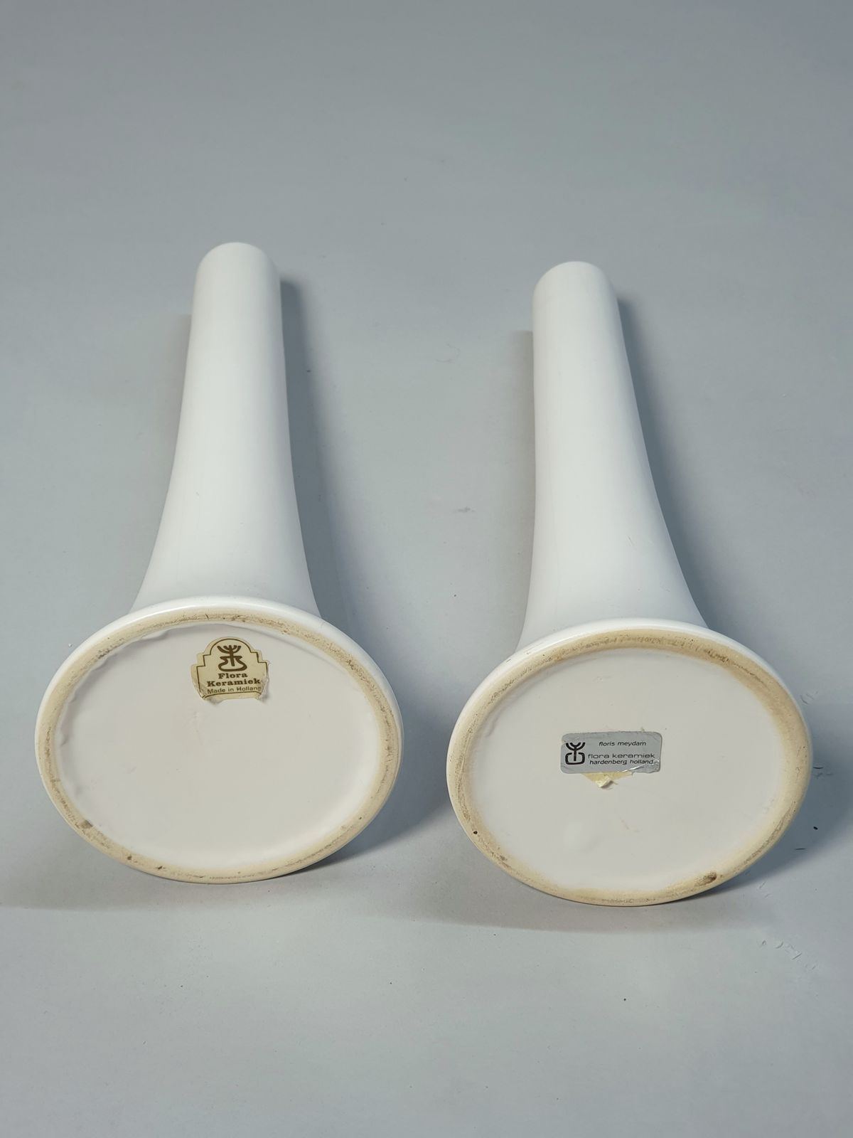 Pair Of Floris Meydam White Ceramic Dutch Mid Century Vases By Flora Keramiek photo for sale