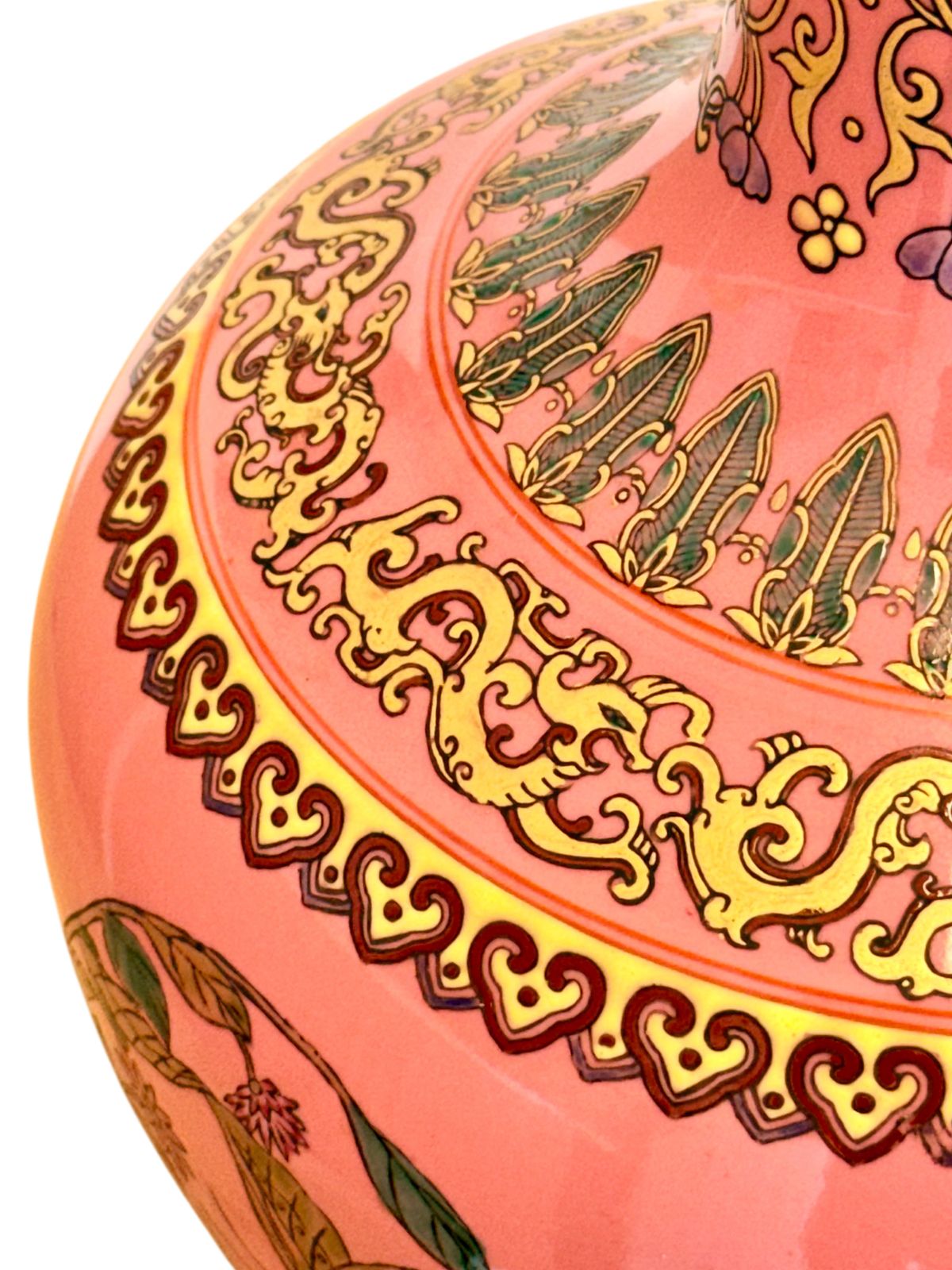 Chinese Famille Rose Pink Butterfly Vase, Qianlong Mark, Gold Accents photo vinterior