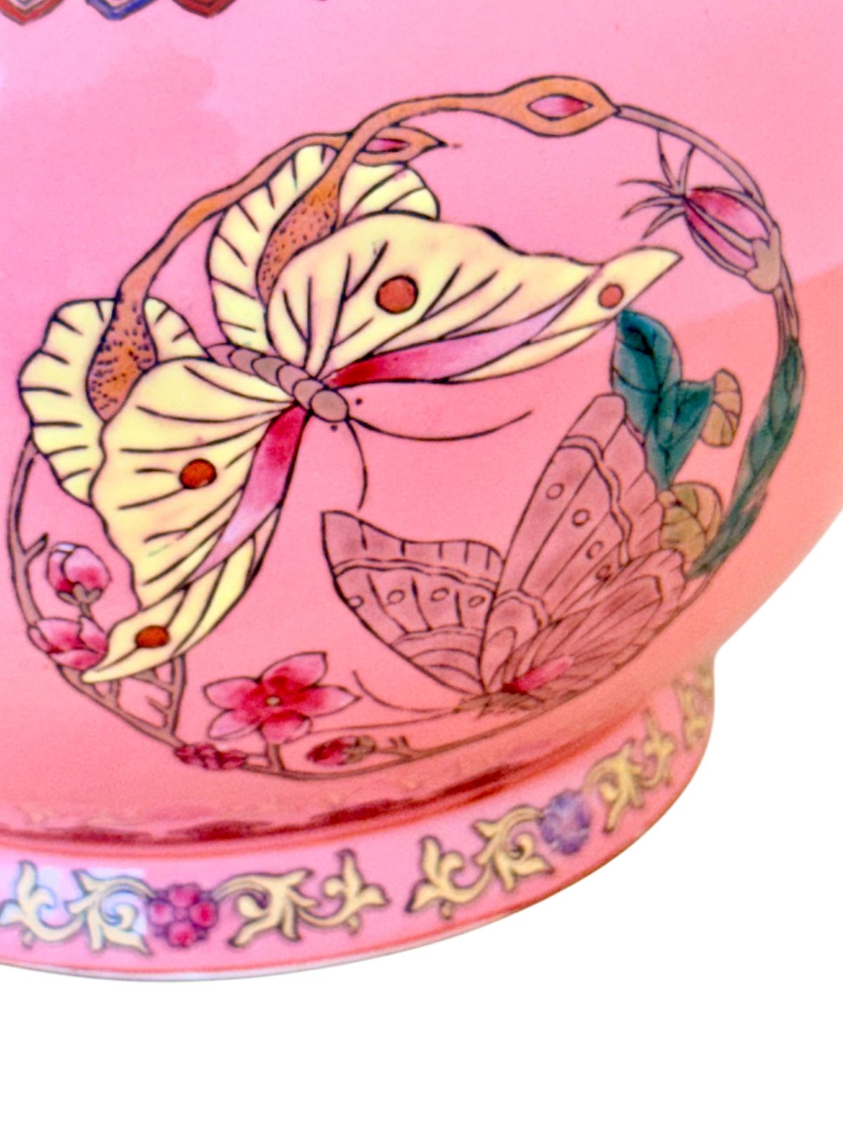 485.0 Chinese Famille Rose Pink Butterfly Vase, Qianlong Mark, Gold Accents photo