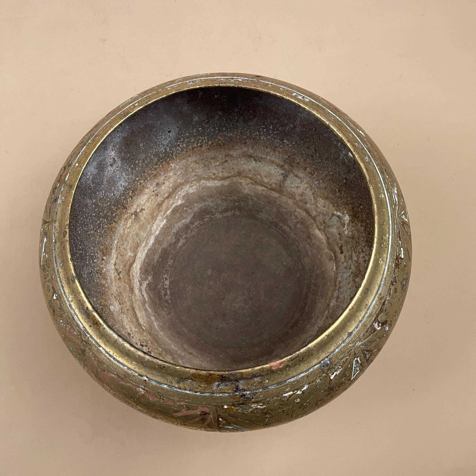 Home Decor Antique Metal Gold Indian Patterned Brass Plant Pot Planter Jardiniere Asian Handmade Engraved Etched Intricate Vintage Urn Decorative Red photo