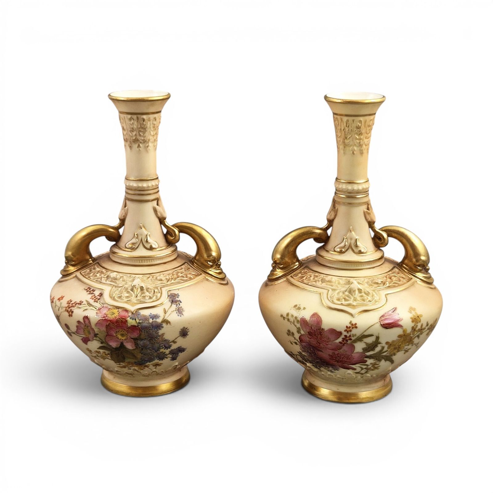 Royal Worcester Dolphin Handled Blush Ivory Vase Pair, Persian Range, 1902-1903