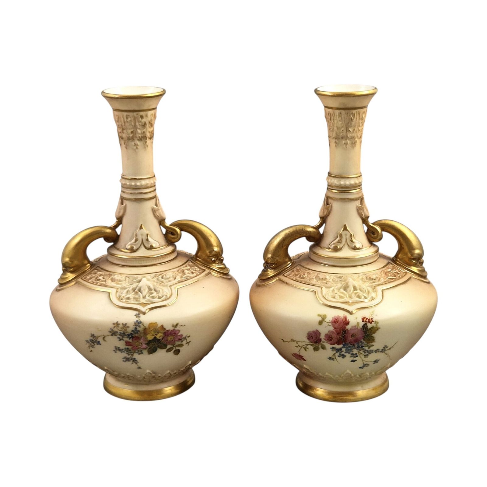 Royal Worcester Dolphin Handled Blush Ivory Vase Pair, Persian Range, 1902-1903 photo for sale