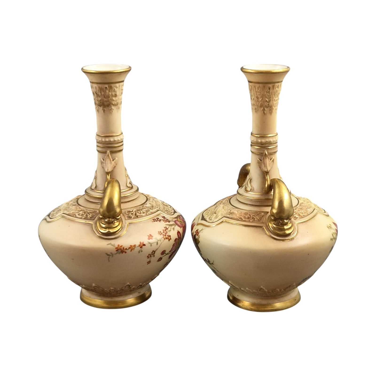 Royal Worcester Dolphin Handled Blush Ivory Vase Pair, Persian Range, 1902-1903 photo Woonaccessoires