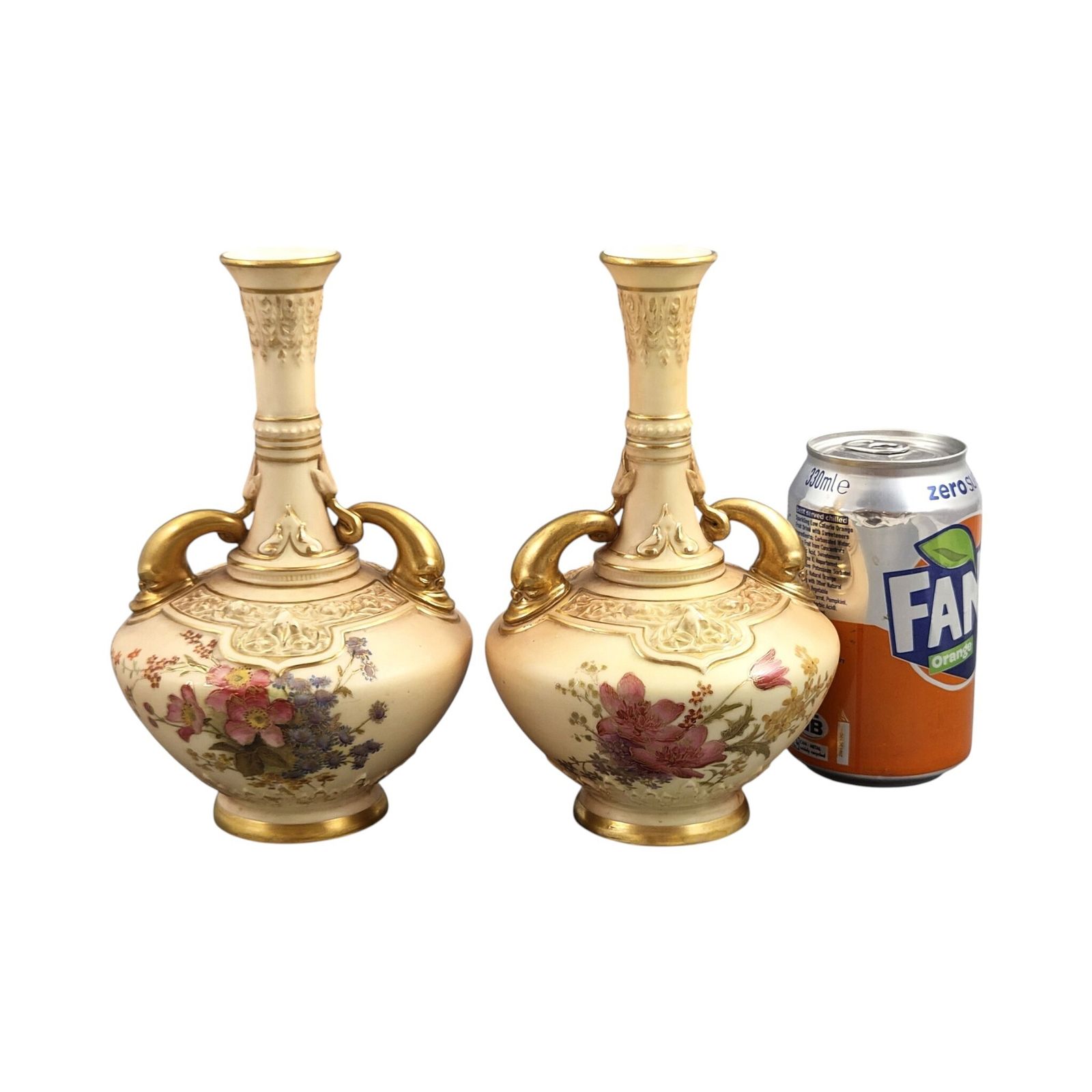 Royal Worcester Dolphin Handled Blush Ivory Vase Pair, Persian Range, 1902–1903 photo vintage