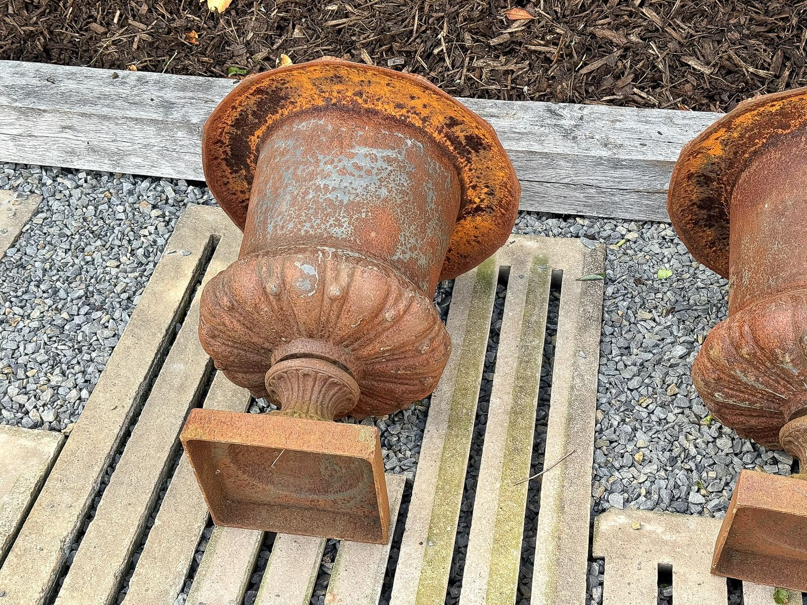 photo for sale Large Pair Cast Iron Victorian Rococo Style Garden Urn Planters Late 20th Century