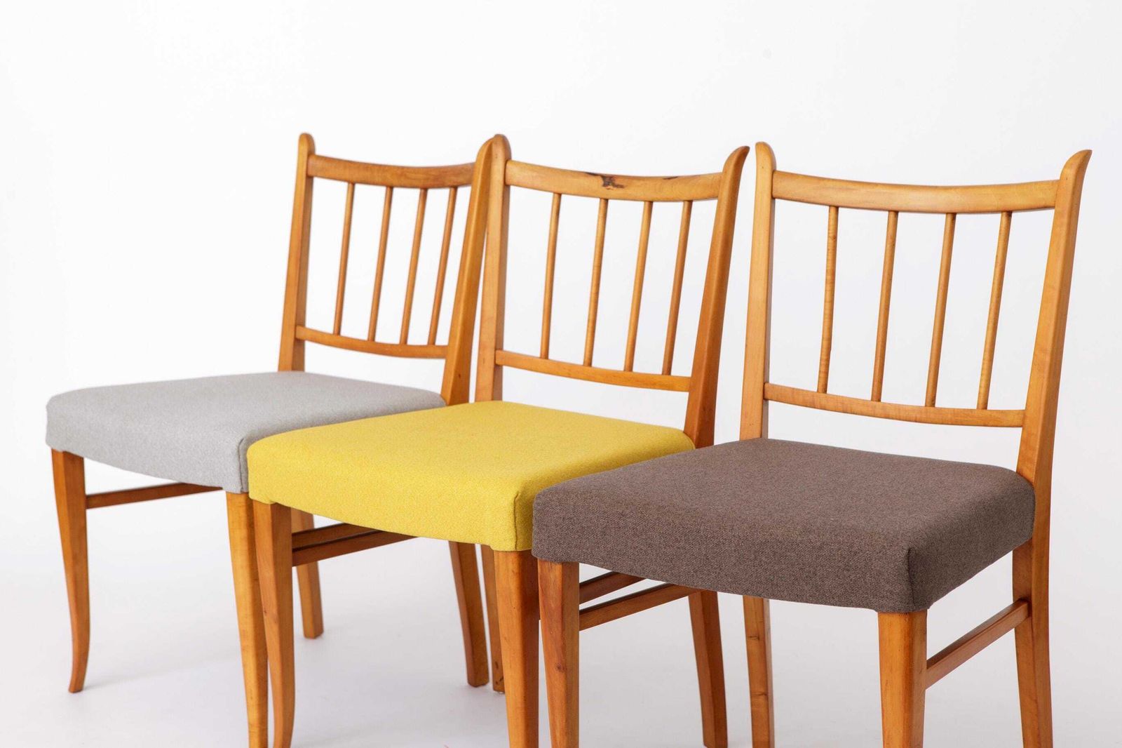 Set Of 4 Vintage Beech Dining Chairs, 1950s Mid Century Modern Chairs, Restored Wooden Chairs, Newly Upholstered Colorful Fabric photo for sale