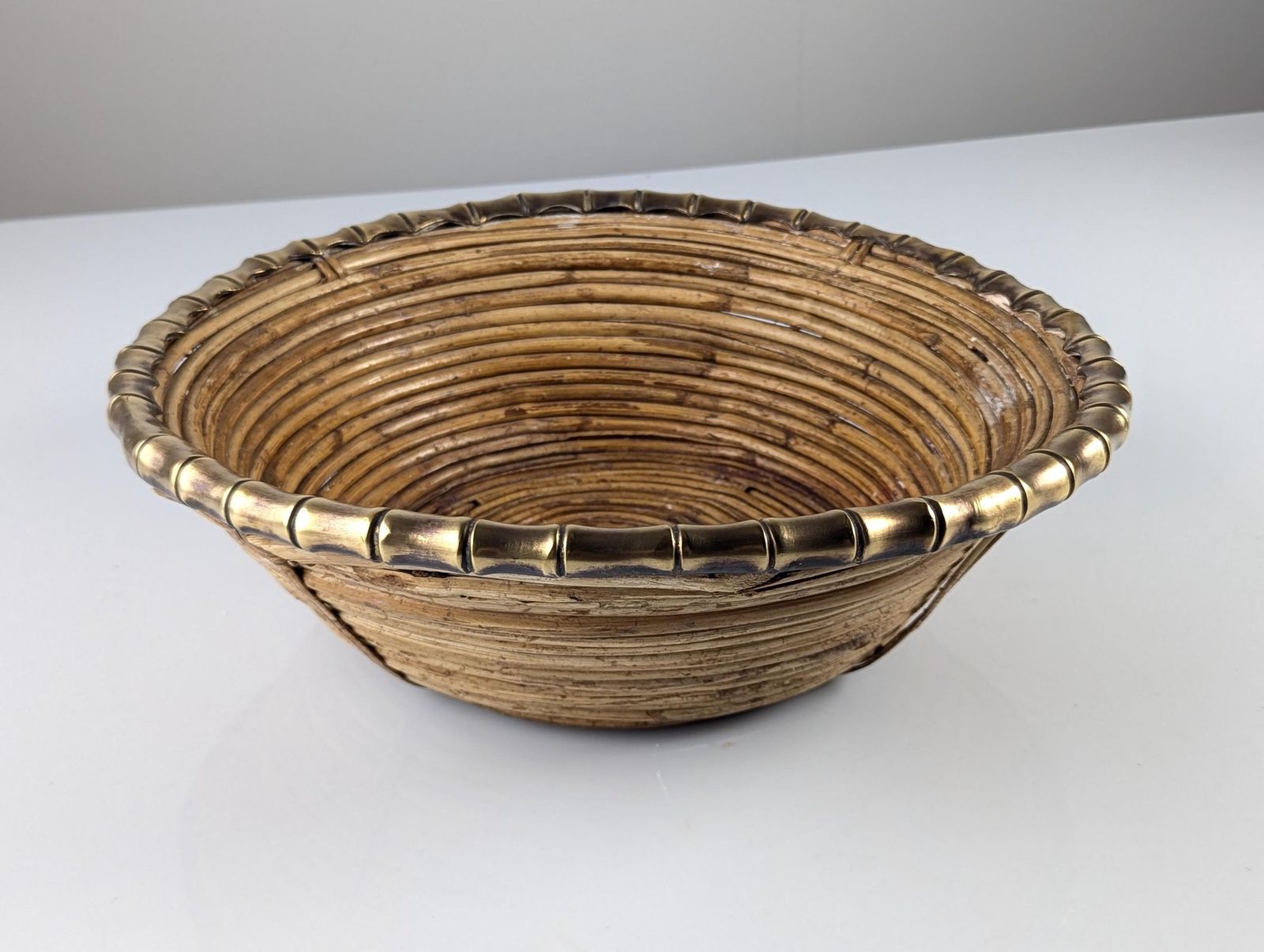 Woven Rattan And Brass Centerpiece Bowl, Italy, 1970s photo vinterior