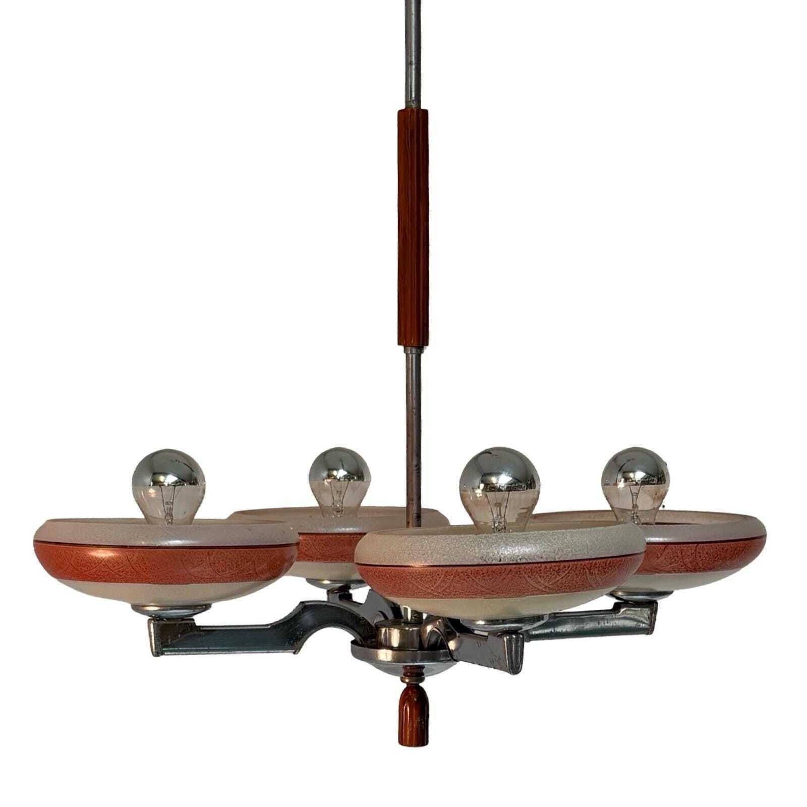 Art Deco Chandelier   Approx. 1930, Czechoslovakia   Frosted Glass, Bakelite And Chromed Metal Frame   4 Bulbs photo for sale