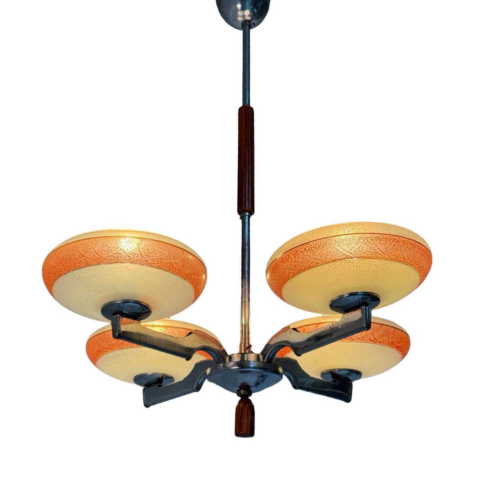 Art Deco Chandelier   Approx. 1930, Czechoslovakia   Frosted Glass, Bakelite And Chromed Metal Frame   4 Bulbs photo Lighting