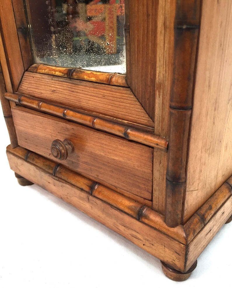 Antique Tabletop Wooden Bamboo & Pine Miniature Cabinet Cupboard / Mirror C.1930 photo buy