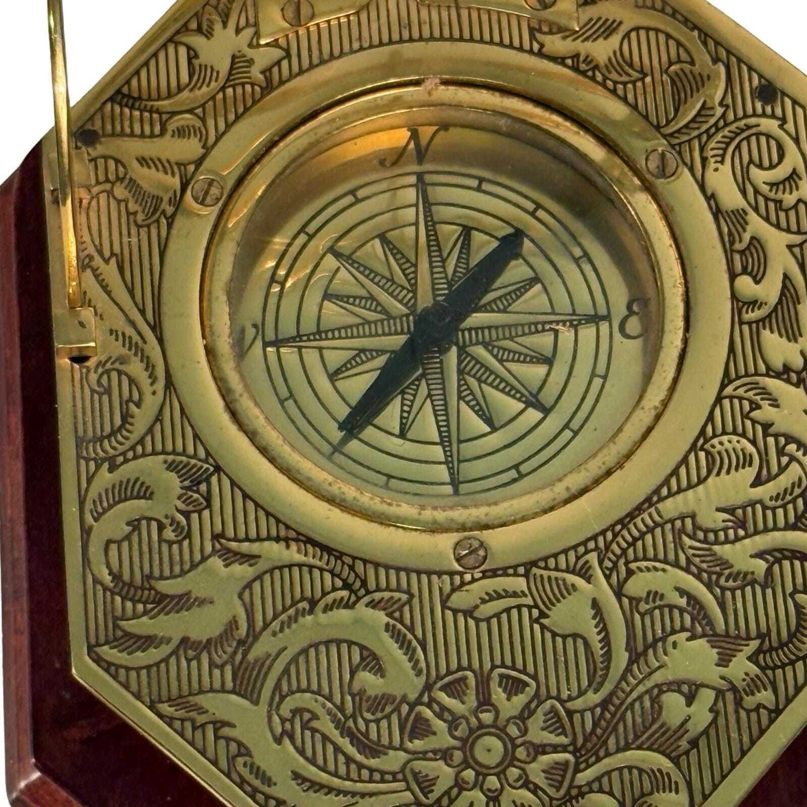 Franklin Mint   Universal Sundial And Compass   Gold Plated Brass On Wooden Mount photo 150.0