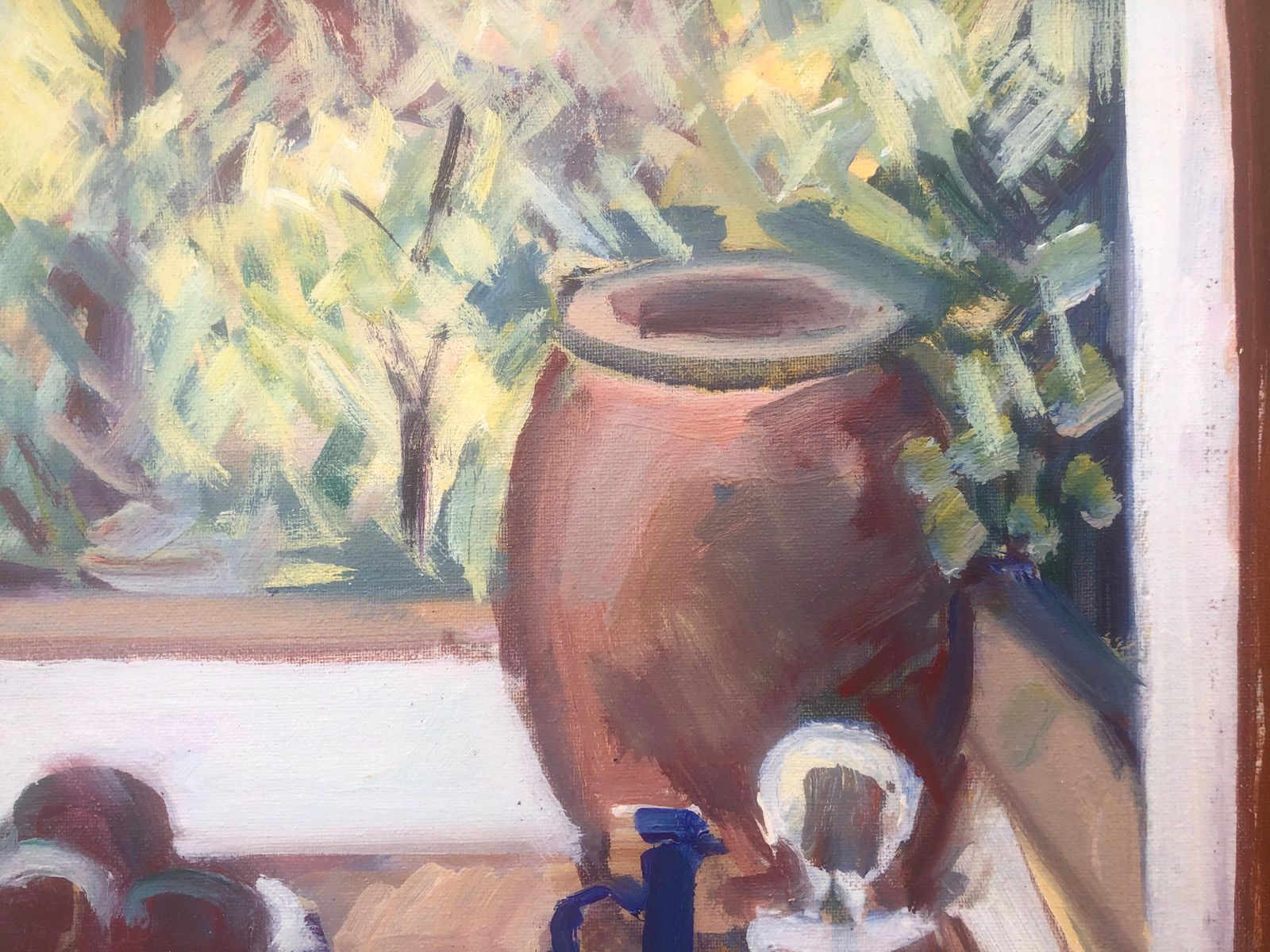 Rafael Duran Benet, Nature morte méditerranéenne au linge de table bleu, fruits et vue sur jardin, huile sur toile, vers 2000 photo Art