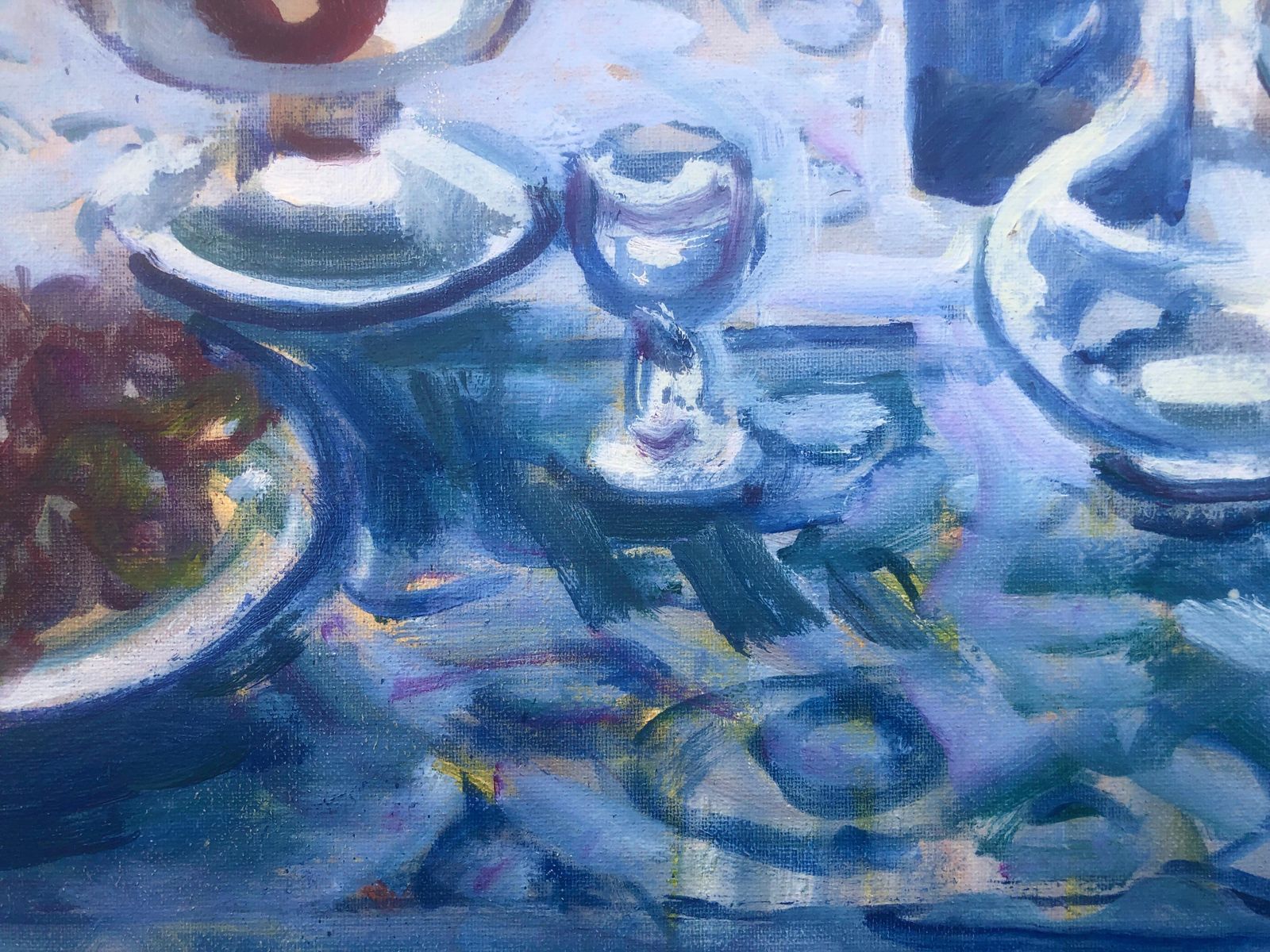 Rafael Duran Benet, Nature morte méditerranéenne au linge de table bleu, fruits et vue sur jardin, huile sur toile, vers 2000 photo buy