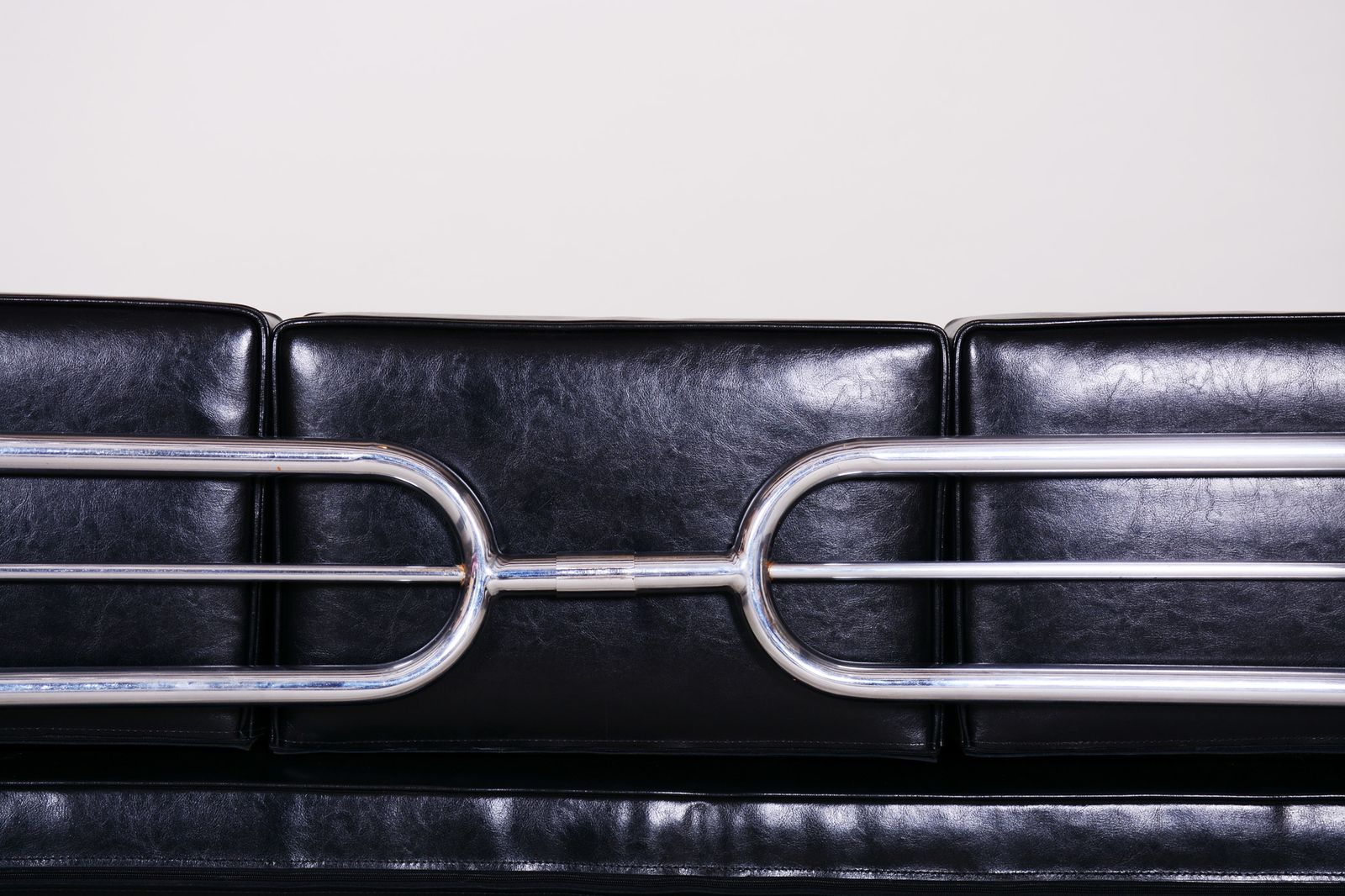 Czech Bauhaus Black Tubular Chrome Sofa By Hynek Gottwald, New Upholstery, 1930s photo vintage