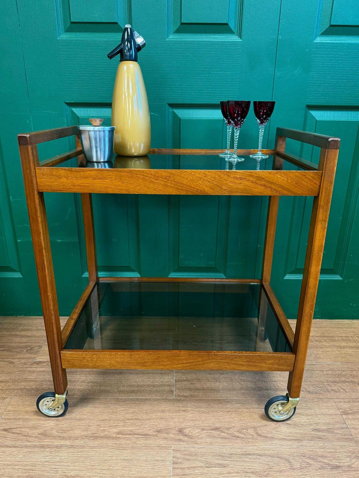 Stylish Vintage 1960s Mid Century Danish Style Solid Teak And Smoked Glass Two Tier Drinks Trolley photo Furniture