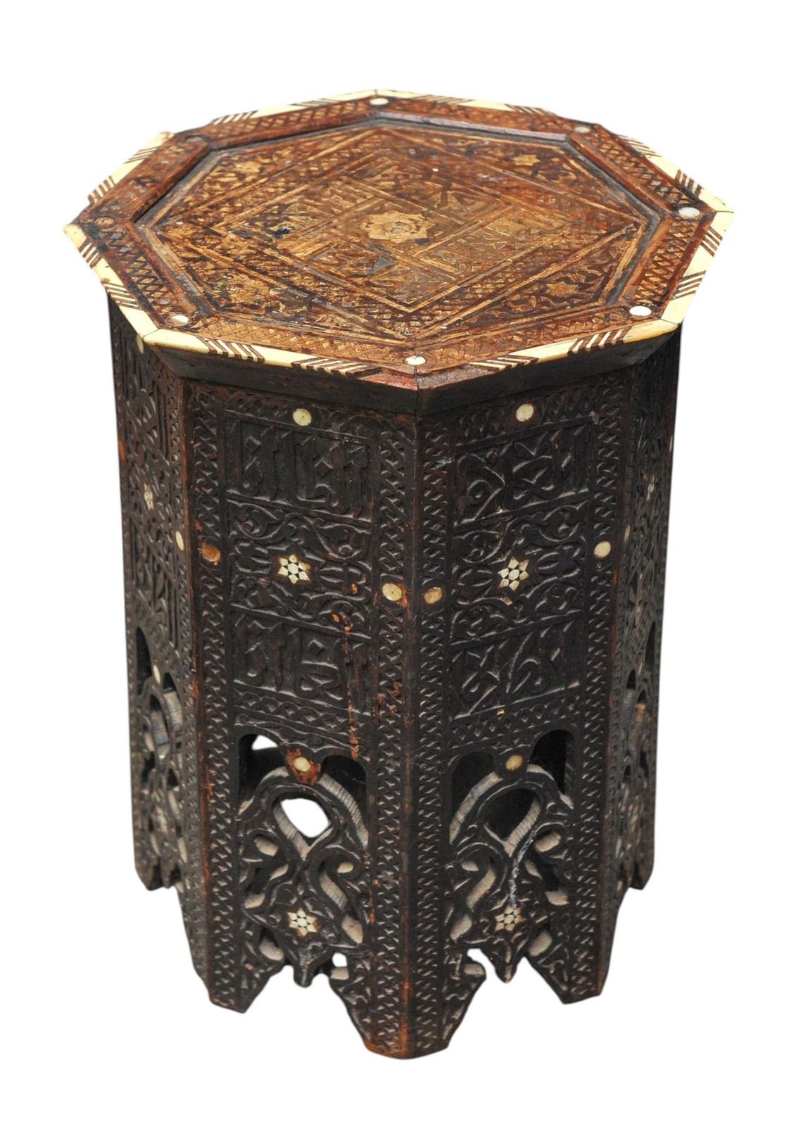 A Stunning Antique 19th Century Middle Eastern Damascus Occasional Table That Features Intricate Bone Inlay And Geometric Carvings.