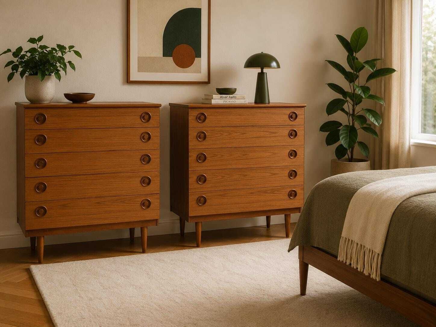 A Pair Of Matching Retro Vintage Mid Century Modern Chest Of 5 Drawers.