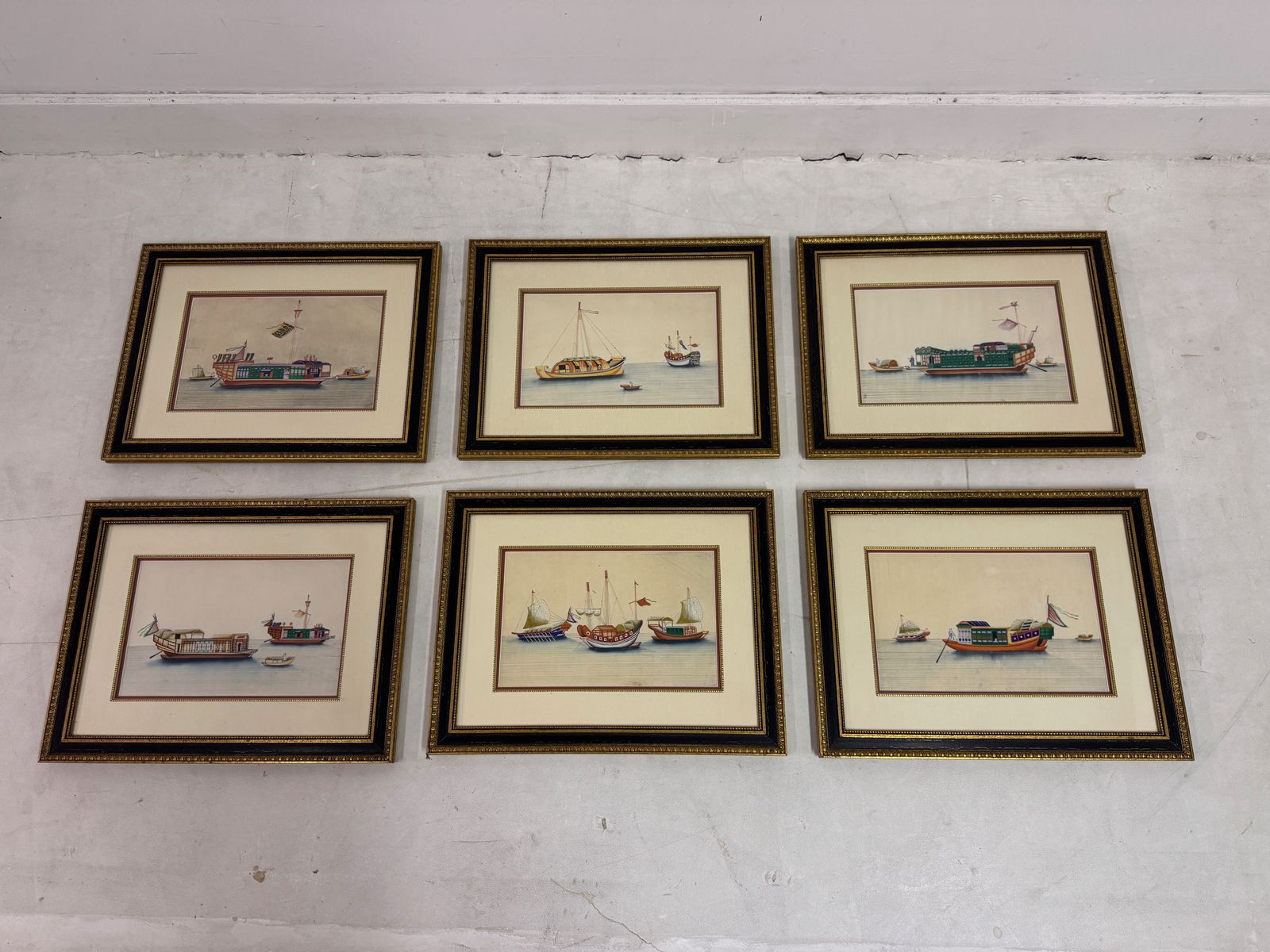 Set Of Six Chinese Rice Paper Paintings Of Boats photo furniture