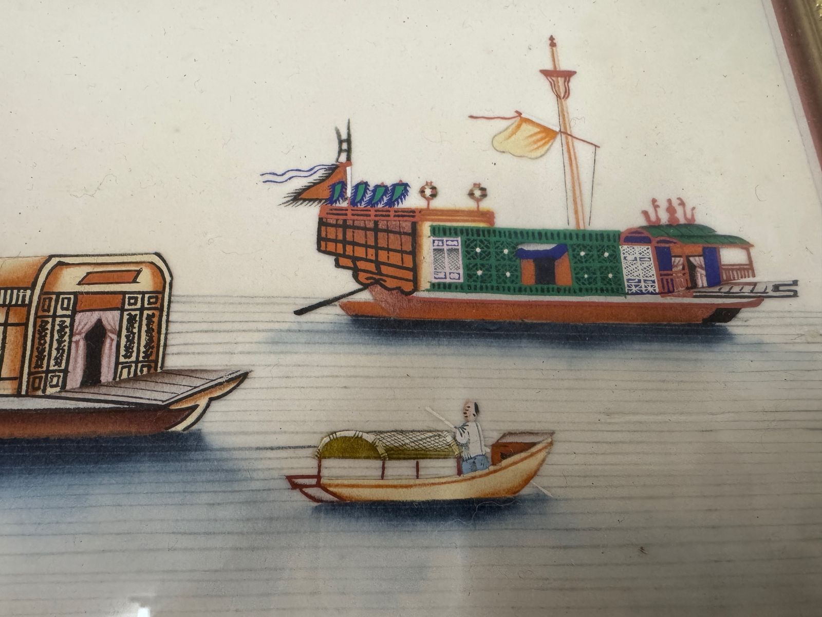 Set Of Six Chinese Rice Paper Paintings Of Boats photo Art