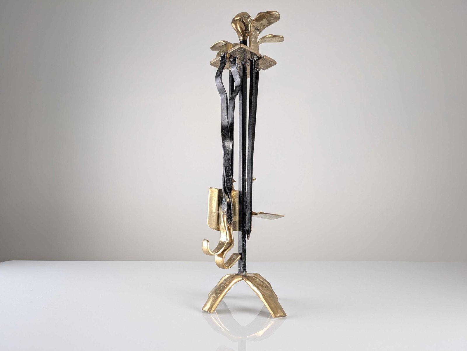 David Marshall Brutalist Brass And Iron Fireplace Tool Set, 1970s