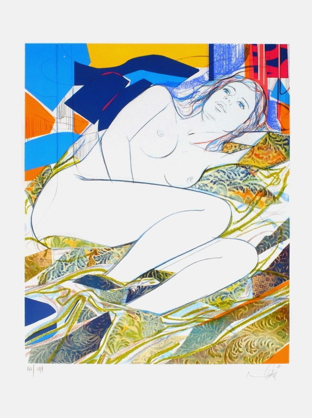 Lithographie signée Jean Baptiste Valadié, Nu au sofa coloré