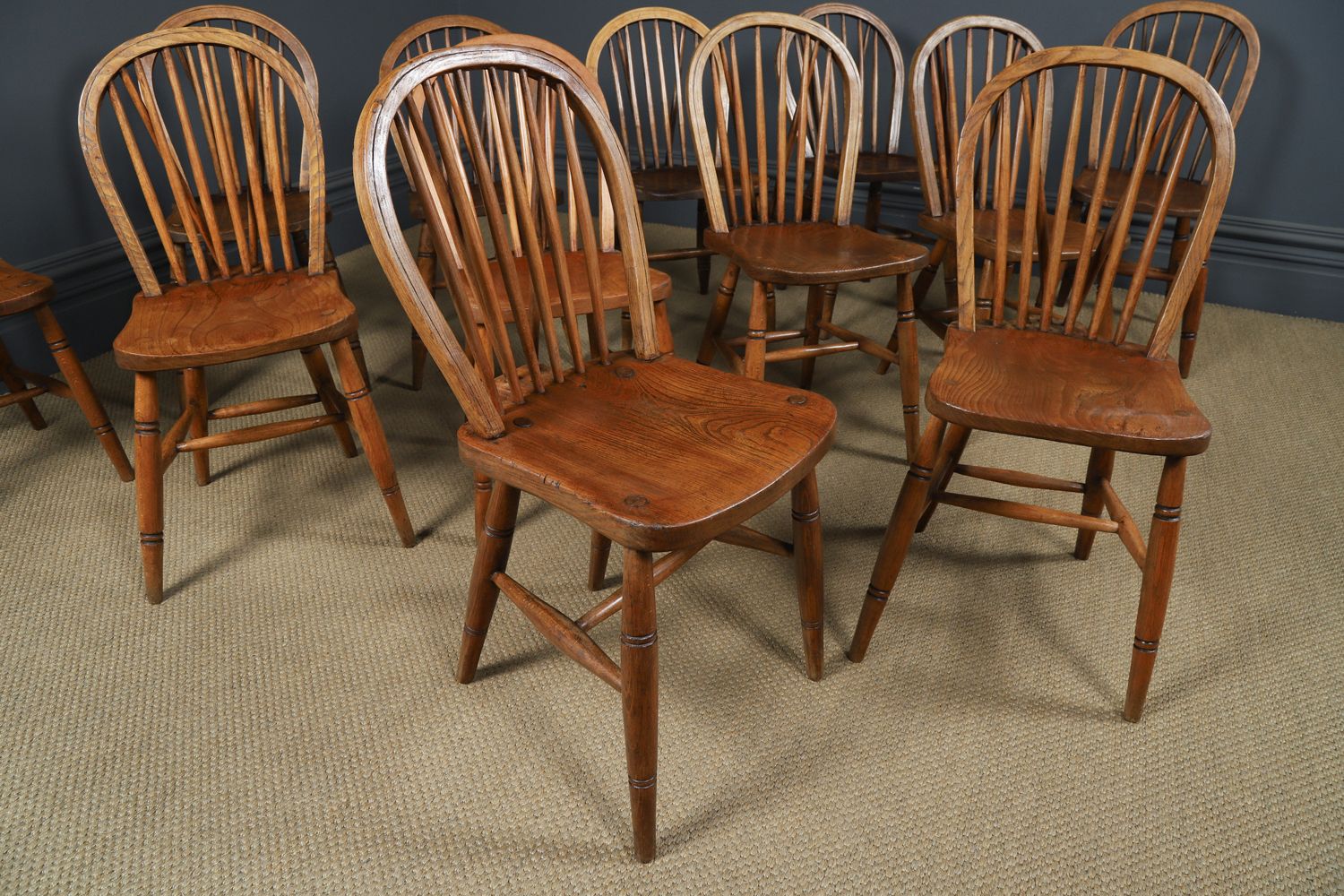 Set Of Twelve Ash & Elm Windsor Hoop & Stick Back Kitchen Chairs (Circa 1910) photo vinterior