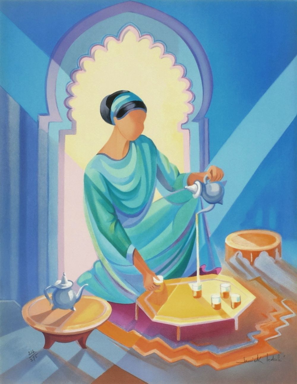 Lithographie signée Janick Lederle, Maroc - Cérémonie du thé, 1990