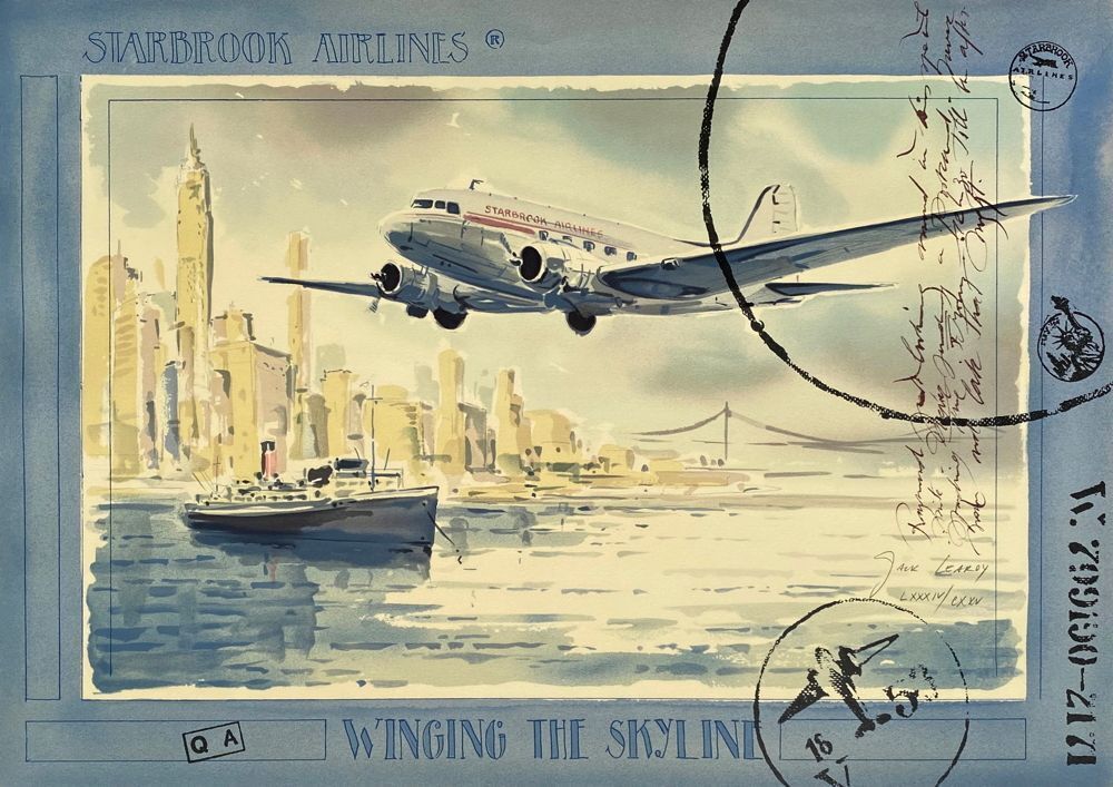 Lithographie signée Jaak De Koninck (Jack Learoy), Starbrook Airlines, Winging The Skyline, 1995