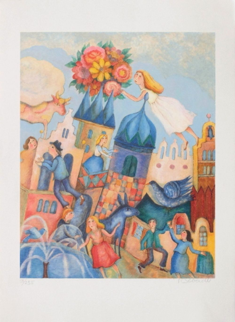 Françoise Deberdt Gesigneerde Lithografie Fête Au Village 1990