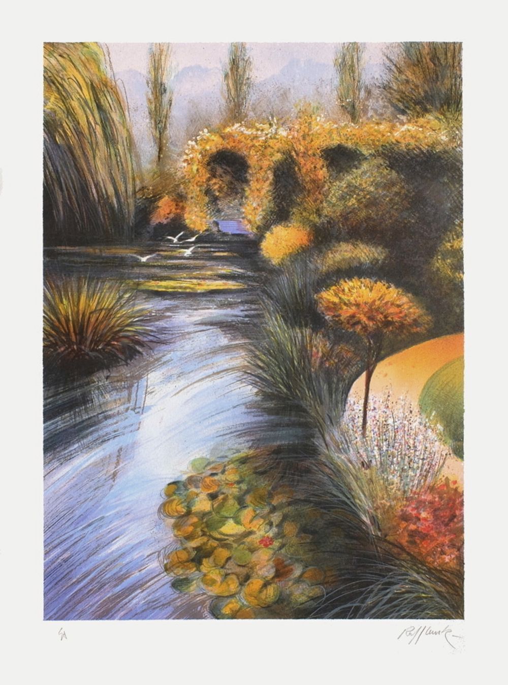 Lithographie signée Rolf Rafflewski, Giverny Le Bassin En Automne 1986
