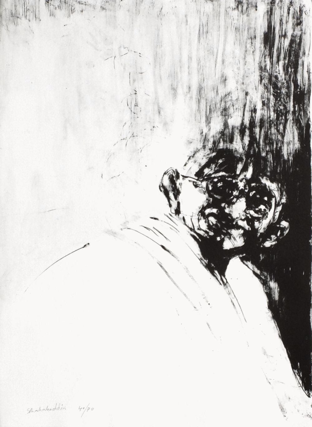 Lithographie signée Ahmed Shahabuddin, Portrait de Gandhi, 2009