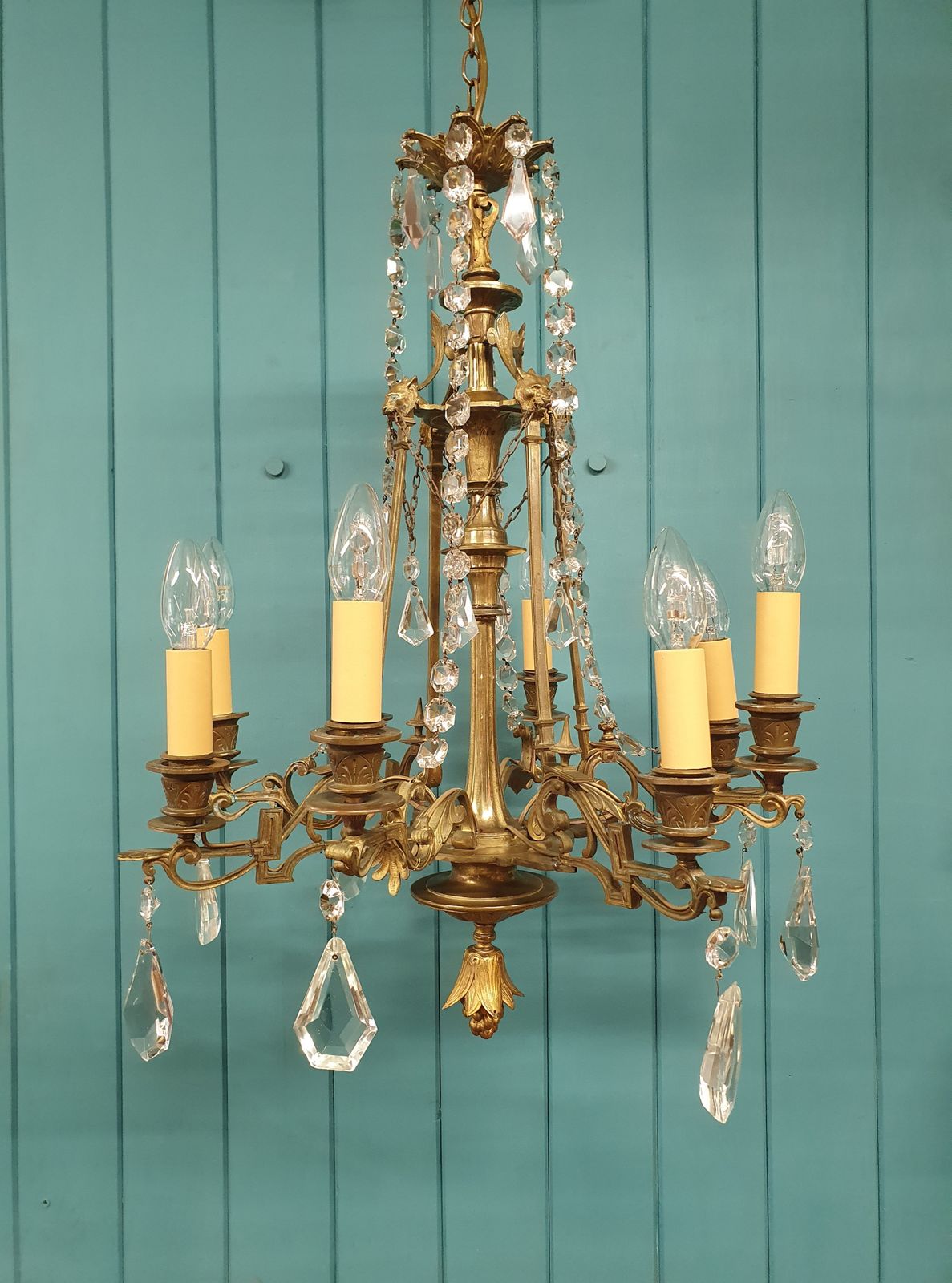 Circa 1900 Eight Arm Brass & Cut Glass Crystal Chandelier With Lion Masks 21"