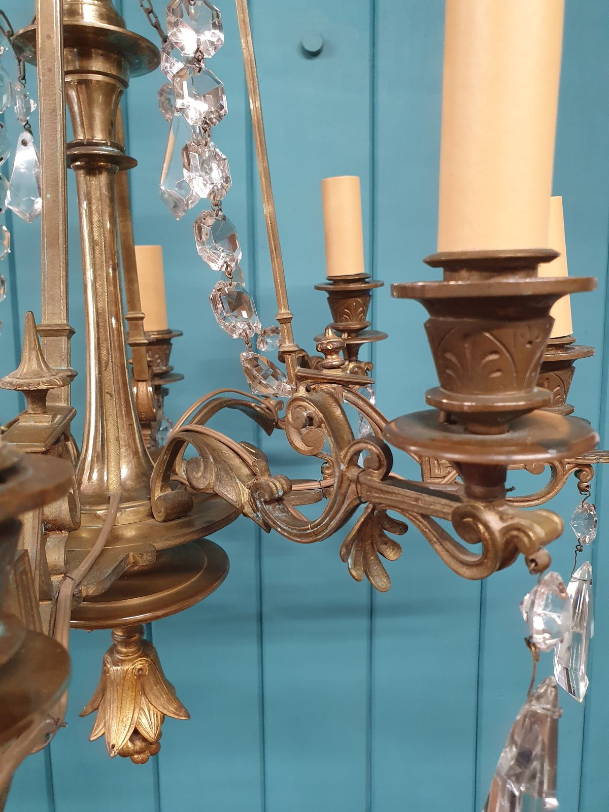 Circa 1900 Eight Arm Brass & Cut Glass Crystal Chandelier With Lion Masks 21" photo Lighting